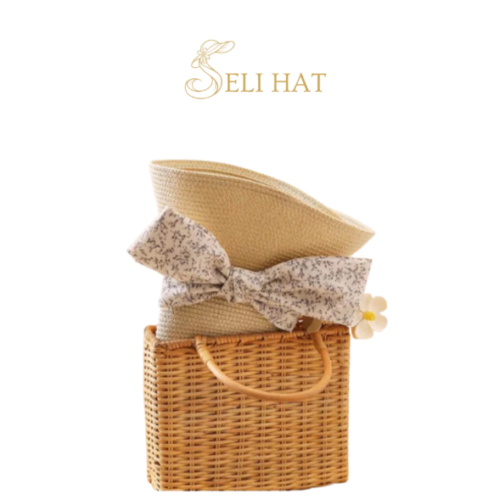 Nón Cói Hoa Hàn Style Straw Bowknot Thanh Lịch