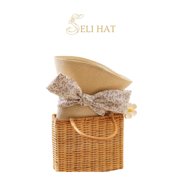 Nón Cói Hoa Hàn Style Straw Bowknot Thanh Lịch