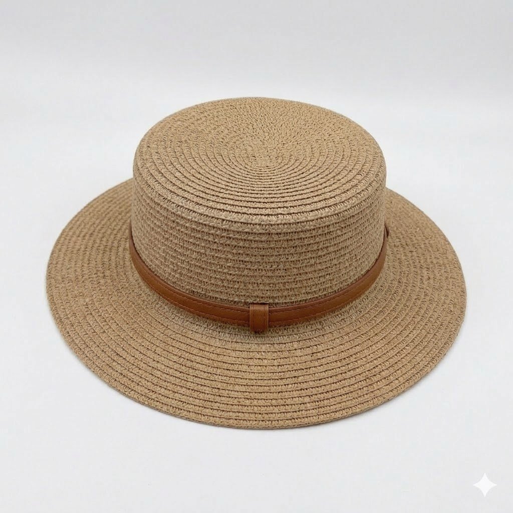 Nón cói vành rộng nữ form boater phối dây da